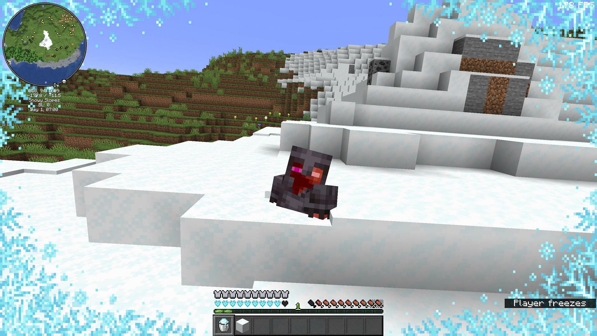 Players and various entities will take damage after sinking into powder snow. (Image via Sportskeeda Gaming || Mojang Studios)
